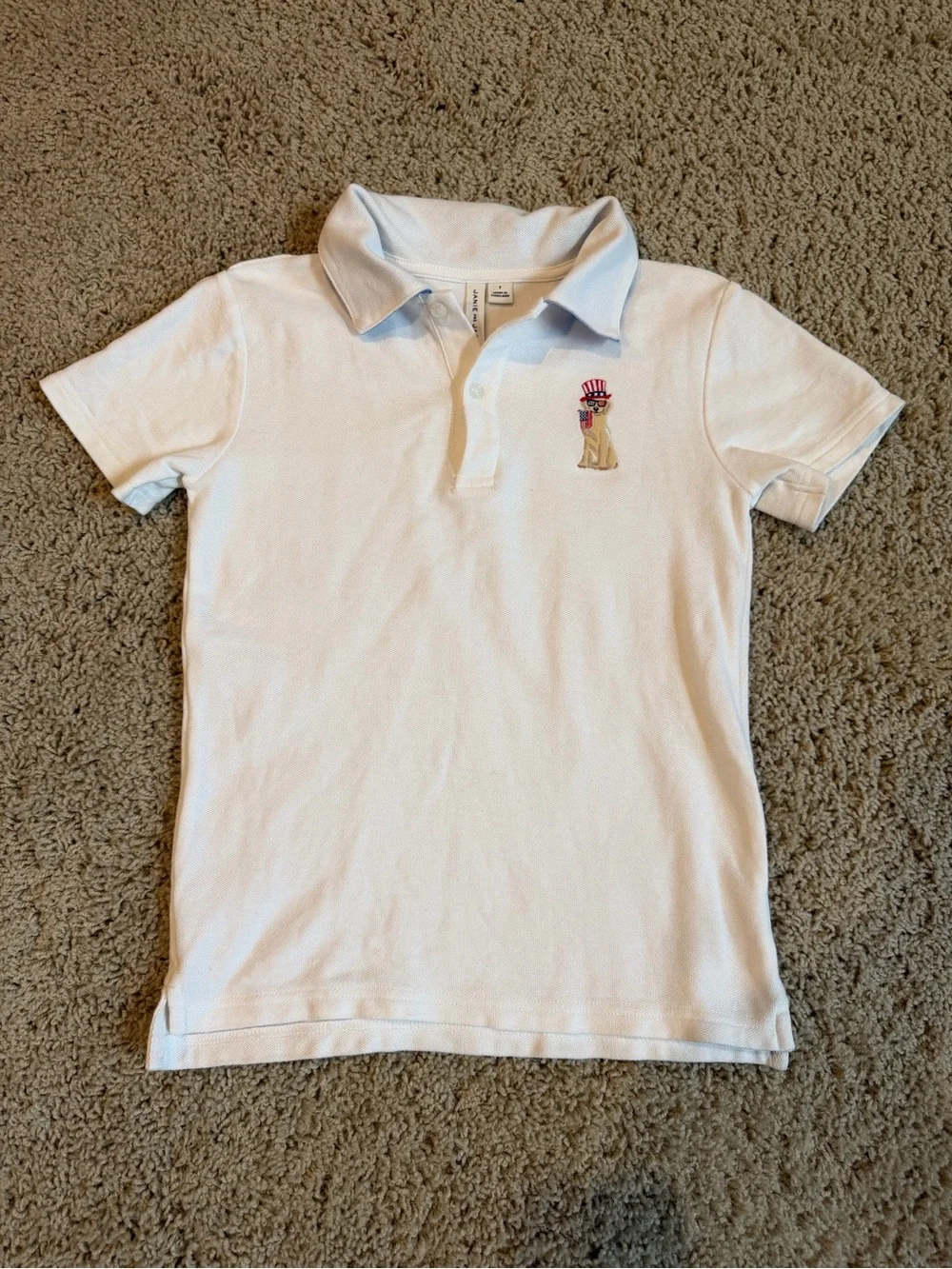 Janie and Jack Boys White Polo with Patriotic Dog Embroidery Sz 7